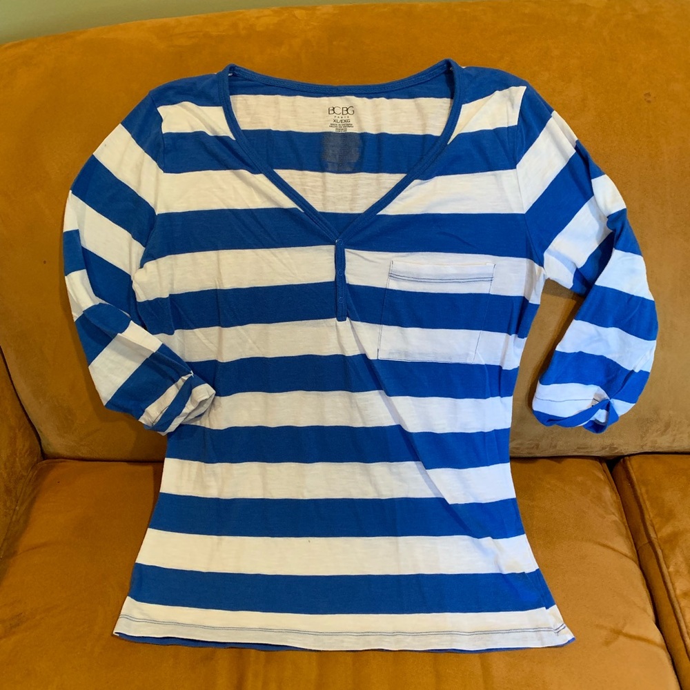 BCBG Striped Button Up Blue and White T-shirt